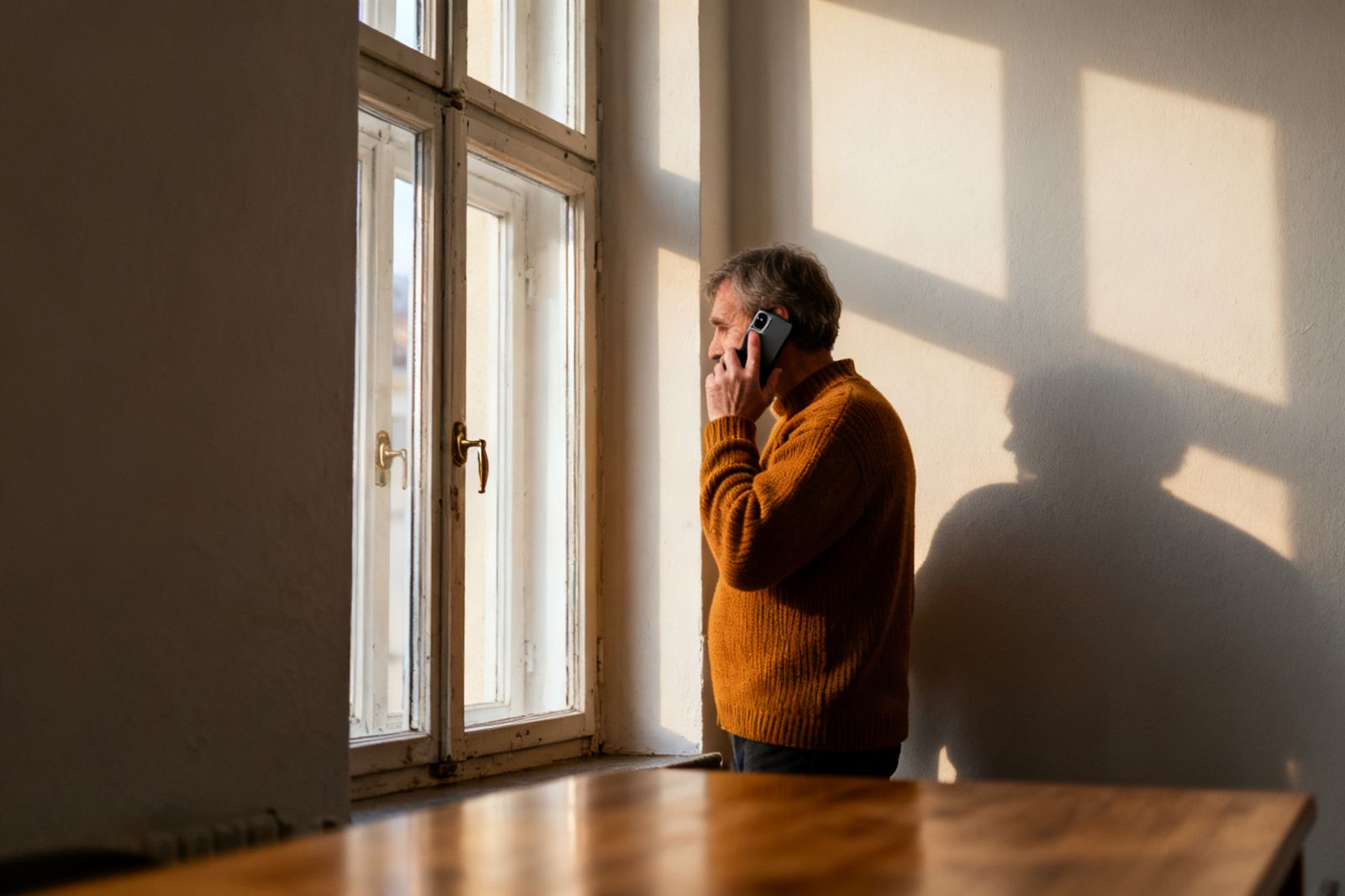 Person am Fenster einer Altbauwohnung im Halbprofil, ein Telefon am Ohr, warmes Nachmittagslicht auf heller Wand