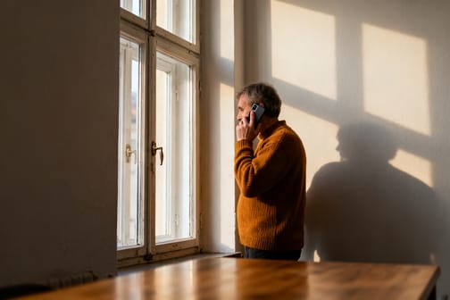 Person am Fenster einer Altbauwohnung im Halbprofil, ein Telefon am Ohr, warmes Nachmittagslicht auf heller Wand