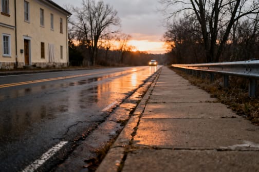 Nasse Landstraße in der Dämmerung, Scheinwerferlicht spiegelt sich im Asphalt, unscharfe Bäume am Straßenrand