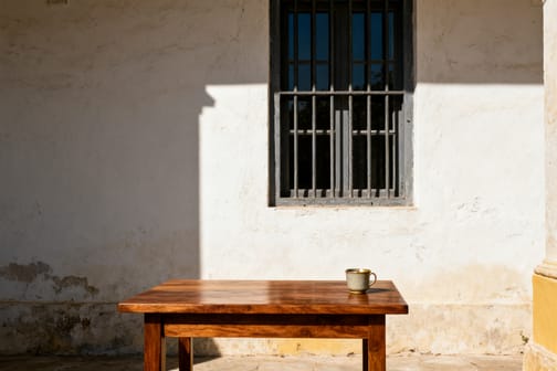 Tiefstehendes Nachmittagslicht wirft ein scharf begrenztes Fensterrechteck auf eine warm getönte Wand und eine leere Holztischplatte